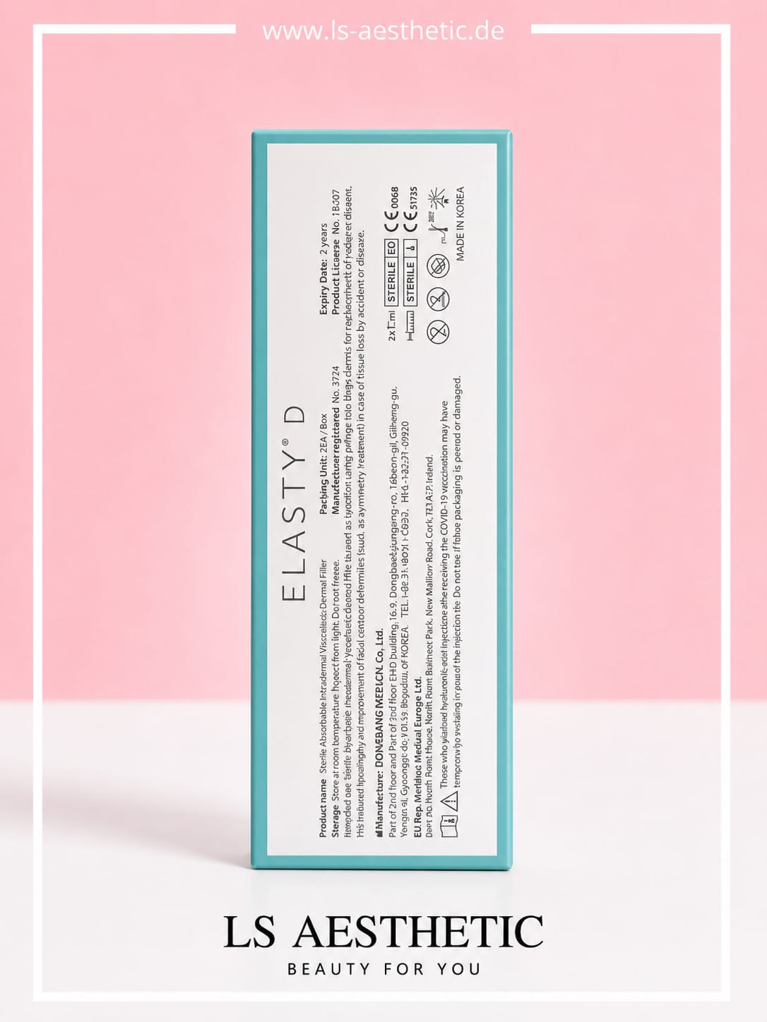 Elasty D Hyaluronsäure Filler – Verpackung Rückseite mit CE-Zertifizierung, Hersteller- und Lagerhinweisen