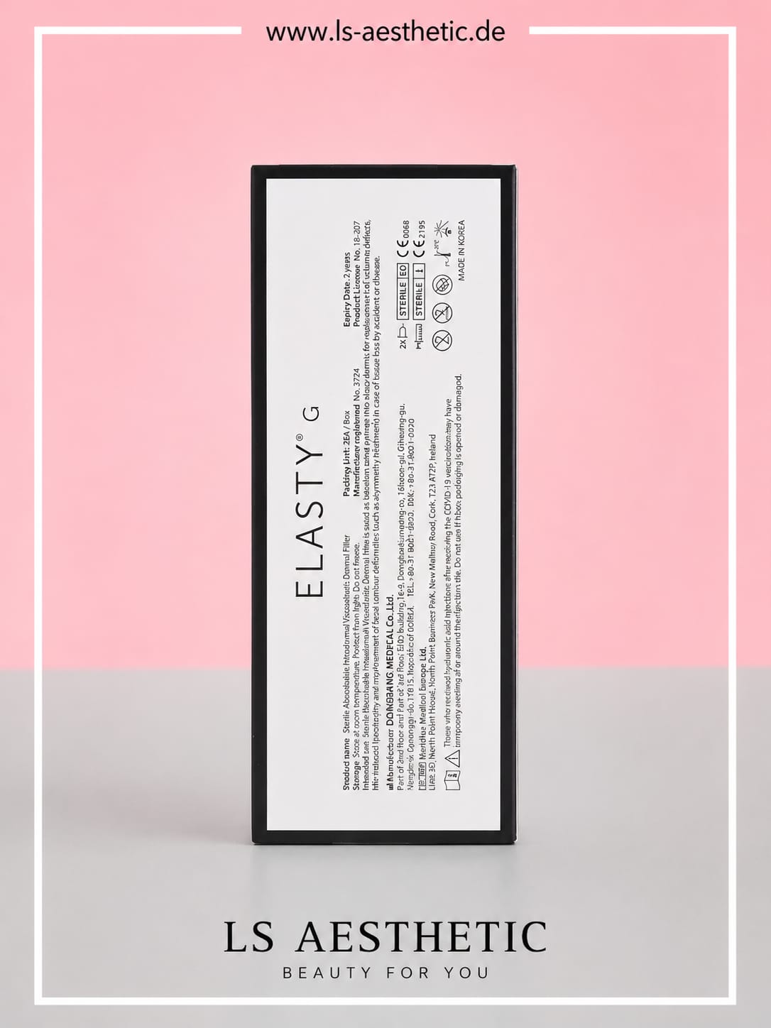 Elasty G Hyaluronsäure Filler – Verpackung Rückseite mit CE-Zertifizierung, Hersteller- und Lagerhinweisen