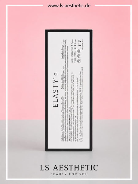 Elasty G Hyaluronsäure Filler – Verpackung Rückseite mit CE-Zertifizierung, Hersteller- und Lagerhinweisen