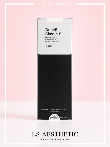 DeneB Classic-S Hyaluronsäure-Filler 10 ml – Originalverpackung Vorderseite, Micro Beads of Cross-Linked Hyaluronic Acid, CE-zertifiziert"