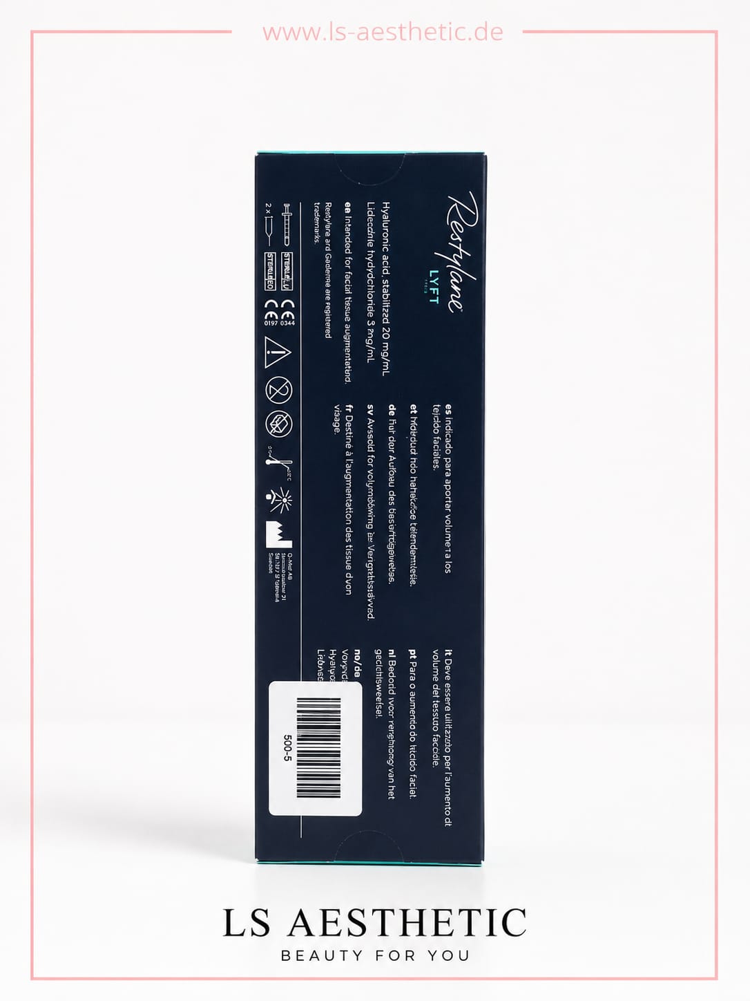 Restylane Lyft – Verpackung Rückseite mit Inhaltsstoffen, CE-Zertifizierung und mehrsprachigen Anwendungshinweisen