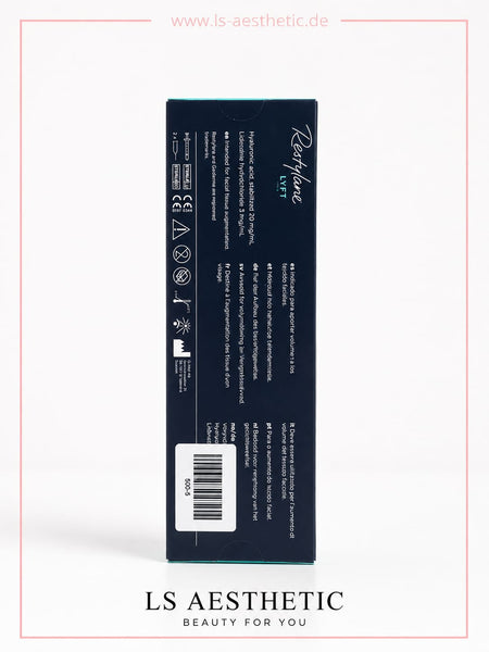 Restylane Lyft – Verpackung Rückseite mit Inhaltsstoffen, CE-Zertifizierung und mehrsprachigen Anwendungshinweisen