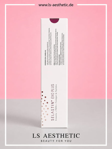 Selastin Exo Plus – Verpackung Seite mit Wirkstoffbeschreibung Exosome, PDRN und Collagen & Peptides