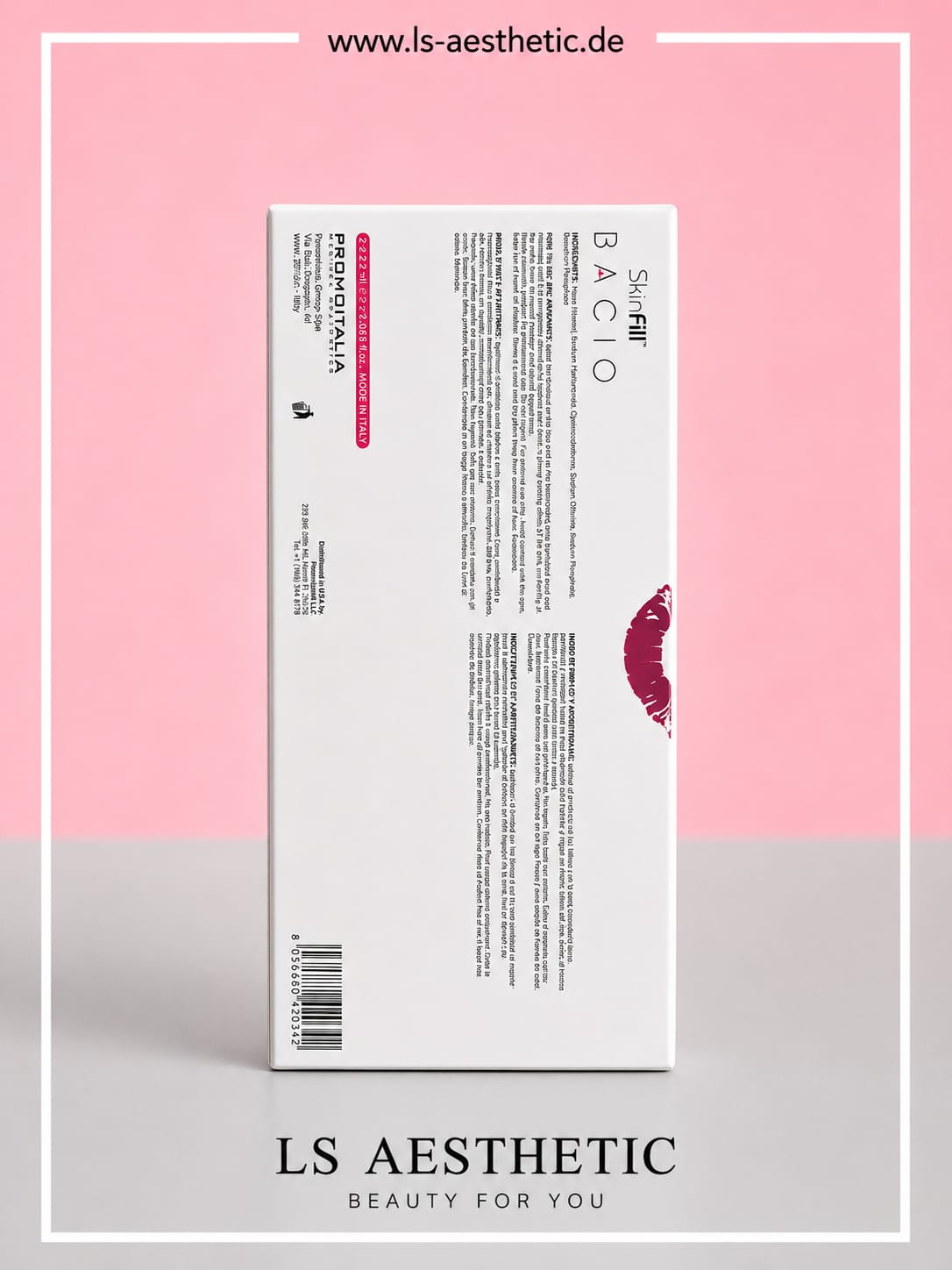 Skinfill Bacio Hyaluronsäure Filler – Verpackung Rückseite mit Inhaltsstoffen, Hersteller Promoitalia und Made in Italy