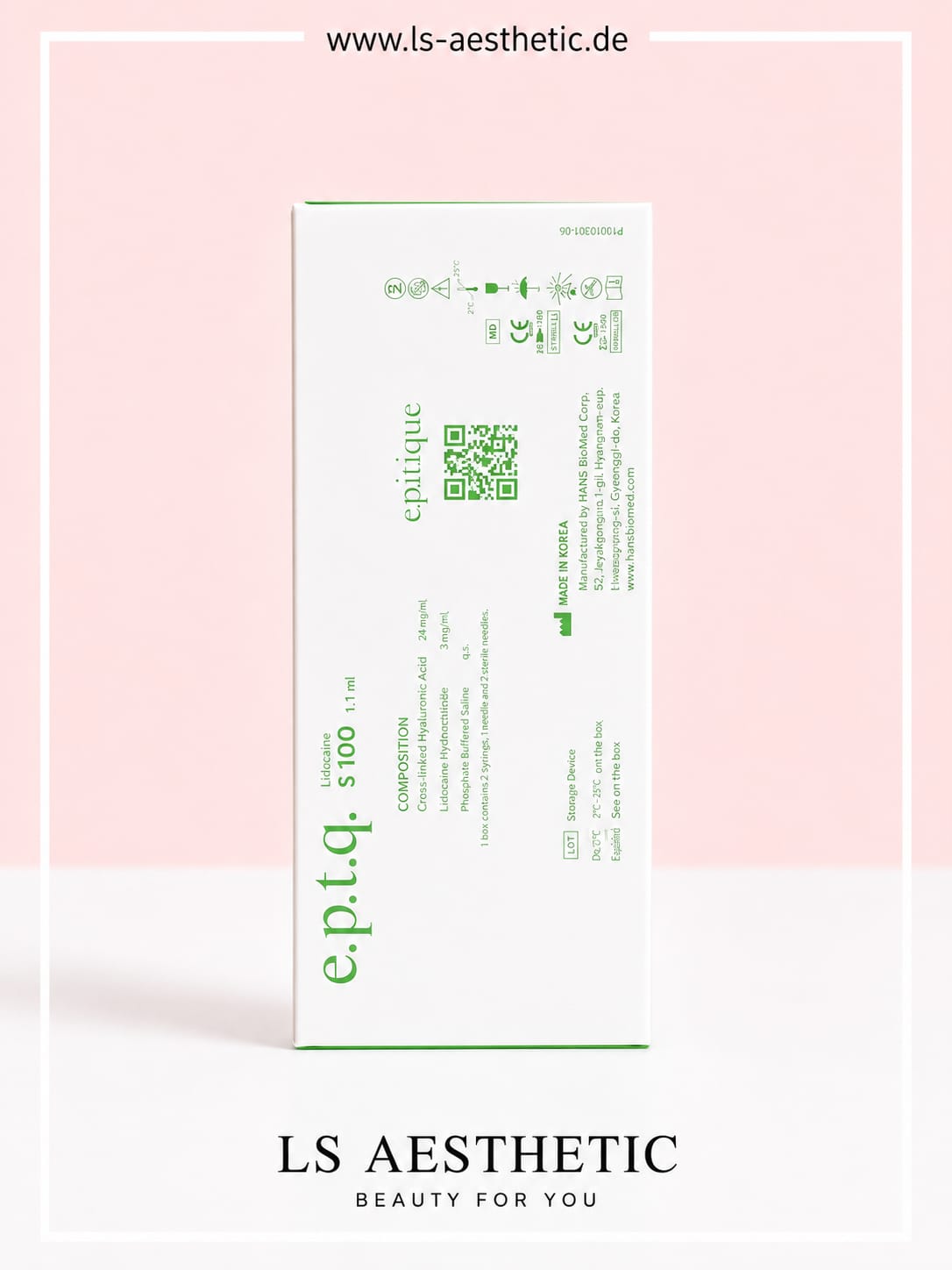 EPTQ S100 Hyaluronsäure-Filler – Verpackung Rückseite mit Inhaltsstoffen, CE-Kennzeichnung und Herstellerangaben, Made in Korea