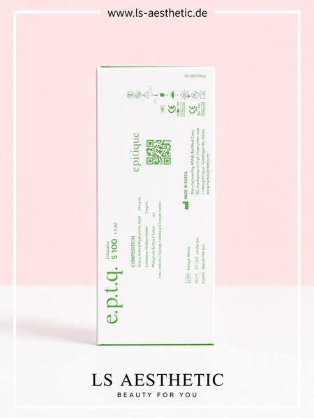 EPTQ S100 Hyaluronsäure-Filler – Verpackung Rückseite mit Inhaltsstoffen, CE-Kennzeichnung und Herstellerangaben, Made in Korea