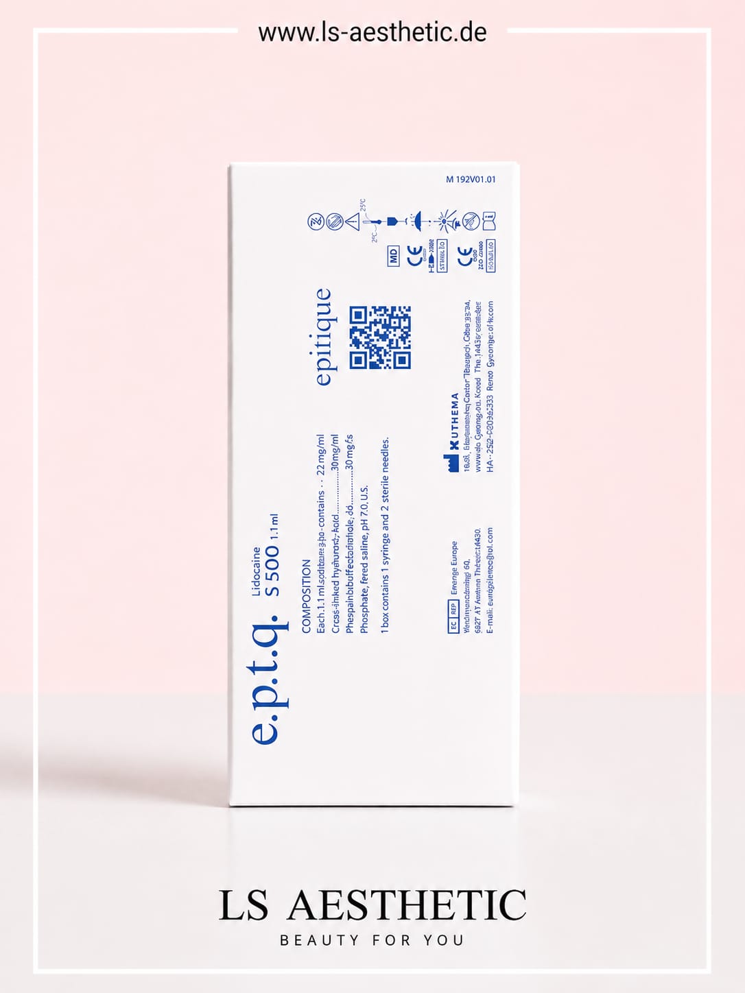 EPTQ S500 Hyaluronsäure-Filler – Verpackung Rückseite mit Inhaltsstoffen, CE-Kennzeichnung und Herstellerangaben