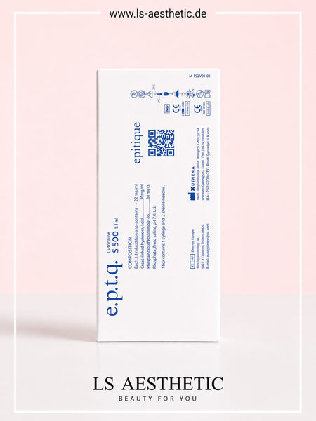 EPTQ S500 Hyaluronsäure-Filler – Verpackung Rückseite mit Inhaltsstoffen, CE-Kennzeichnung und Herstellerangaben