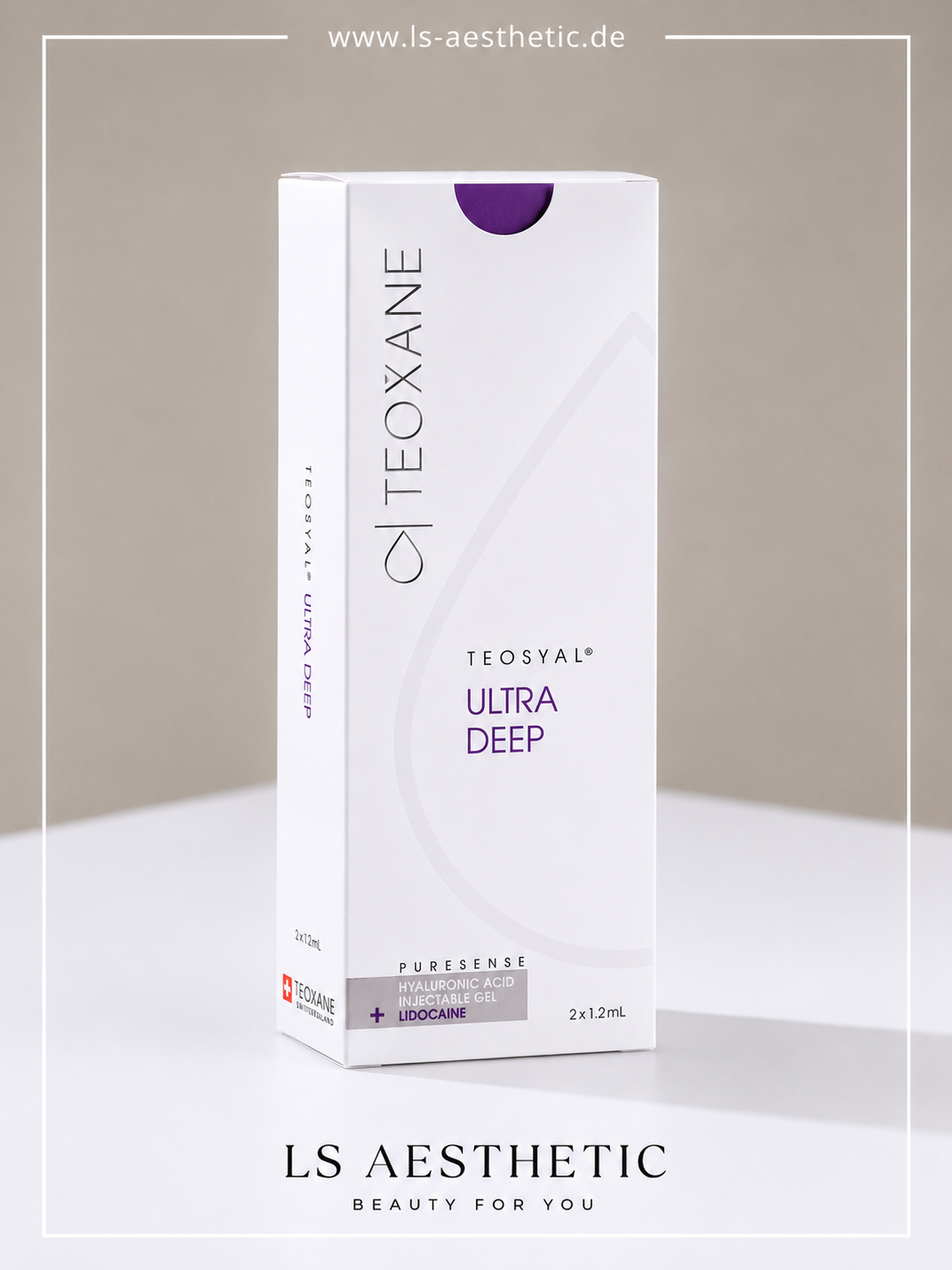 Teosyal Ultra Deep PureSense – Hyaluronsäure Filler 2×1,2 ml mit Lidocain, Frontansicht Verpackung