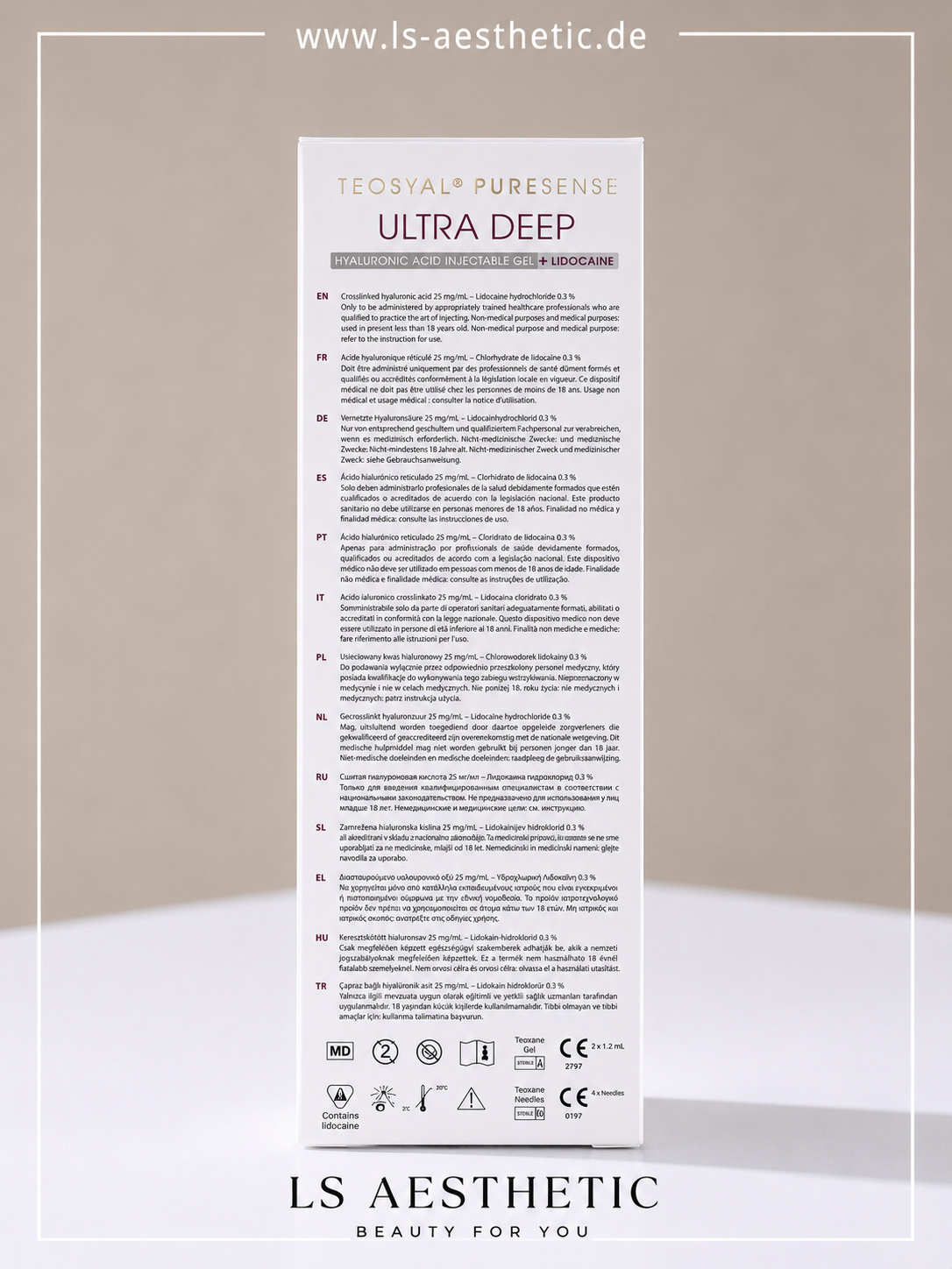 Teosyal Ultra Deep PureSense – Rückseite Verpackung mit Produktinformationen, 25 mg/ml Hyaluronsäure + Lidocain 0,3%, CE-zertifiziert