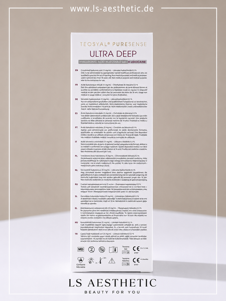 Teosyal Ultra Deep PureSense – Rückseite Verpackung mit Produktinformationen, 25 mg/ml Hyaluronsäure + Lidocain 0,3%, CE-zertifiziert