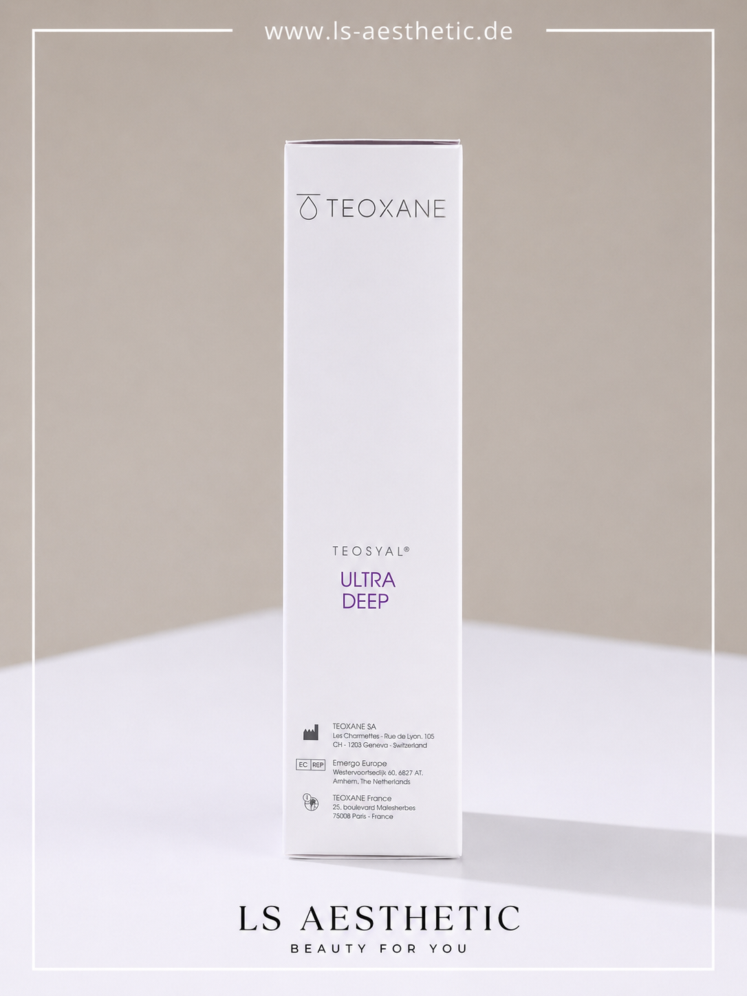 Teosyal Ultra Deep PureSense – Seitenansicht Verpackung, Teoxane SA, 2×1,2 ml Hyaluronsäure-Filler